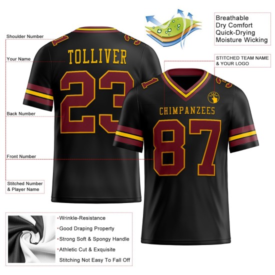 Maillot de football authentique personnalisé en maille noire bordeaux et dorée