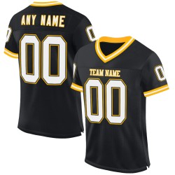 Maillot de football rétro authentique en maille noire, blanche et dorée, personnalisé